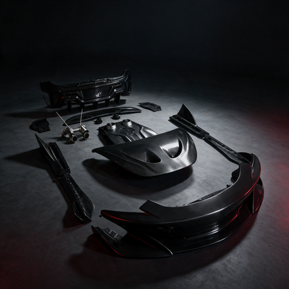 YPG Longtail Aero Kit carbon fiber body conversion for McLaren 570S — dark studio with red ambient glow
