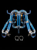 Lamborghini Revuelto titanium valvetronic exhaust front view - blue anodized finish with TIG welds