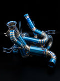 Lamborghini Revuelto titanium valvetronic exhaust side angle - blue titanium piping detail