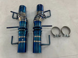 YPG Motorsport Ferrari F8 Tributo titanium catback exhaust — front view with dual barrel resonators and mounting brackets
